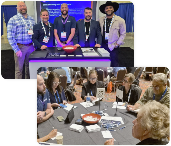 Two conference booth scenes: presenters stand behind a table, and attendees gather around a discussion table.