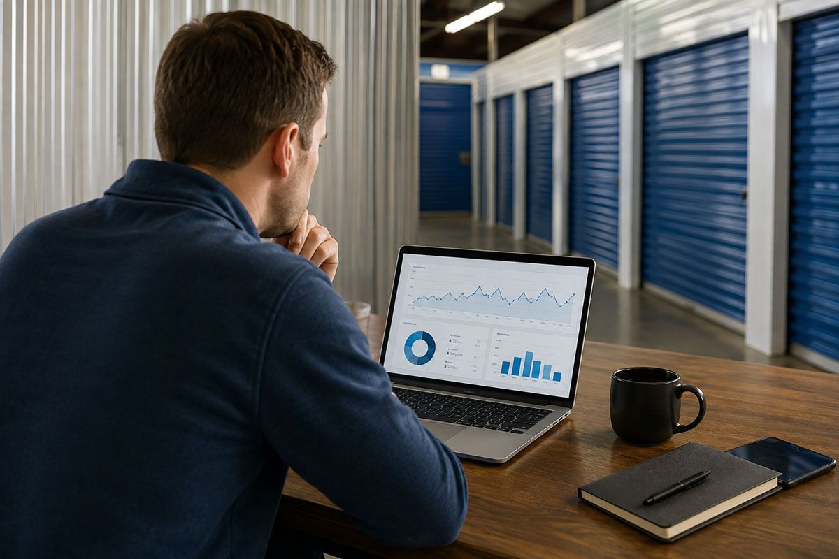 Person working on a laptop with charts at a desk in a storage facility.
