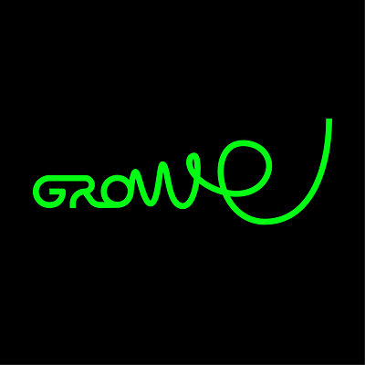 Neon green cursive logo “growe” on a black background