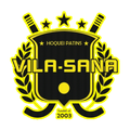 Logotipo de Vila-Sana Hoquei Patins: escudo negro y amarillo con palos de hockey cruzados, estrellas y coronas de laurel.