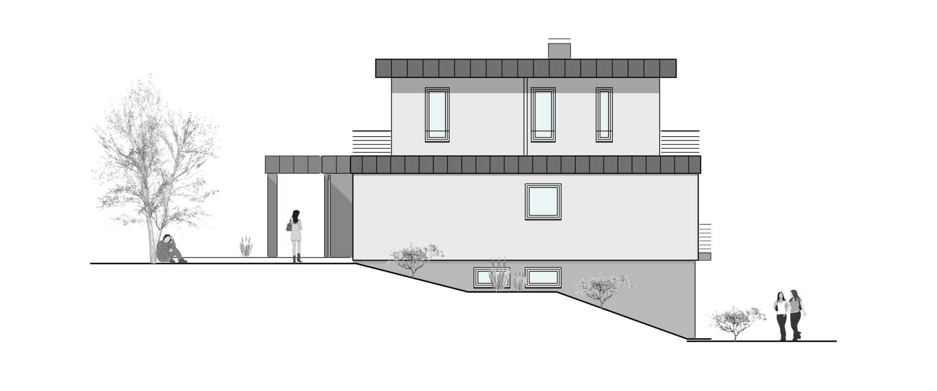 Architektonische Ansicht eines zweistöckigen modernen Hauses auf einem abschüssigen Grundstück mit Bäumen und Figuren.