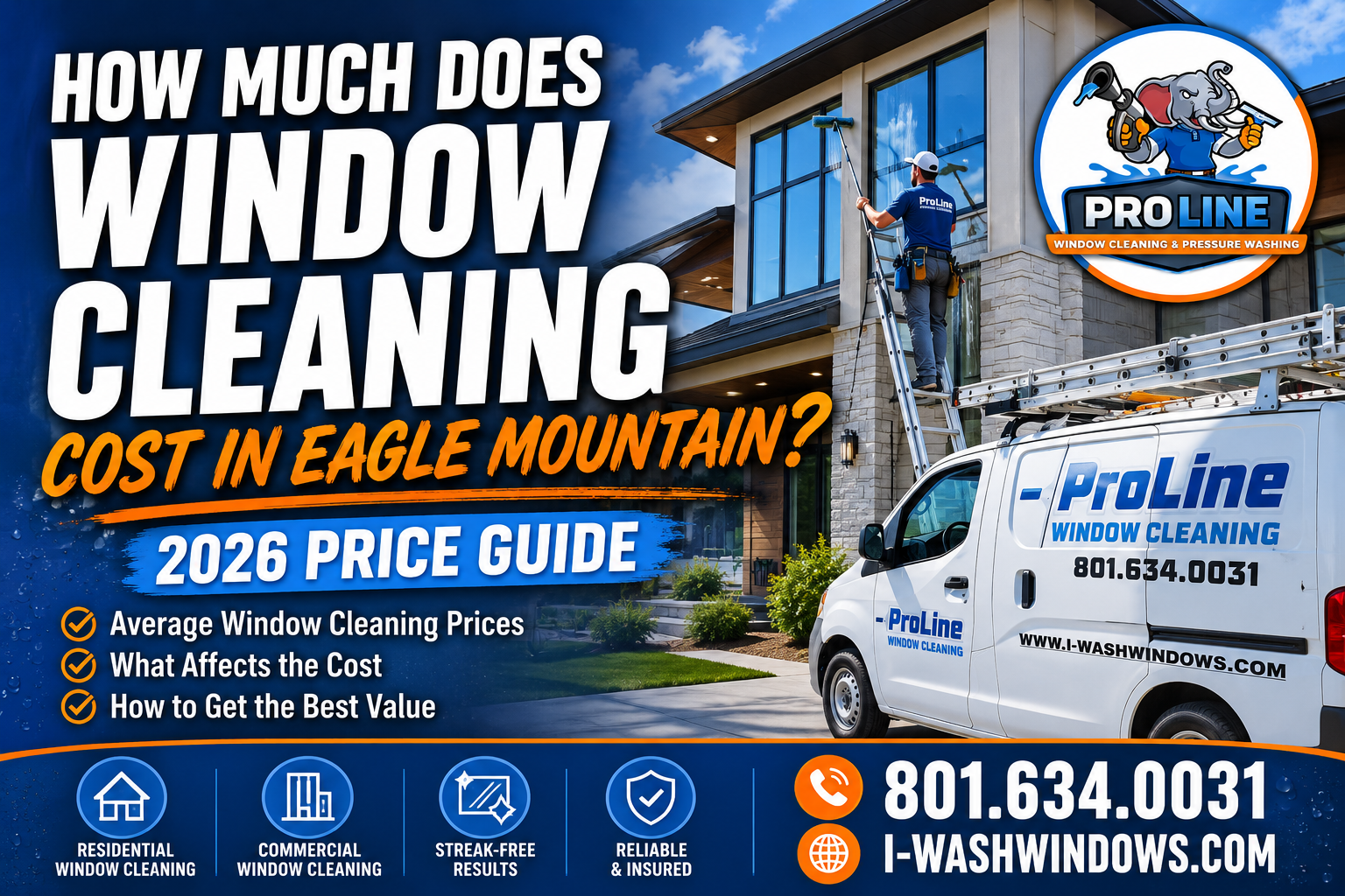 Window cleaning price guide ad for Eagle Mountain with Pro-Line logo, blue house, and contact number.