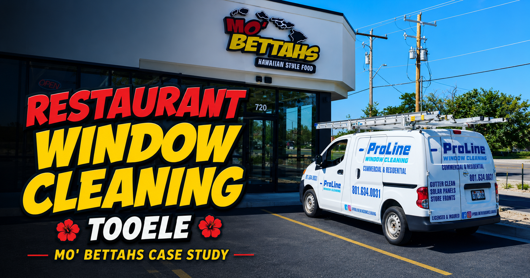 Restaurant window cleaning sign beside a Pro Line window cleaning van in a parking lot
