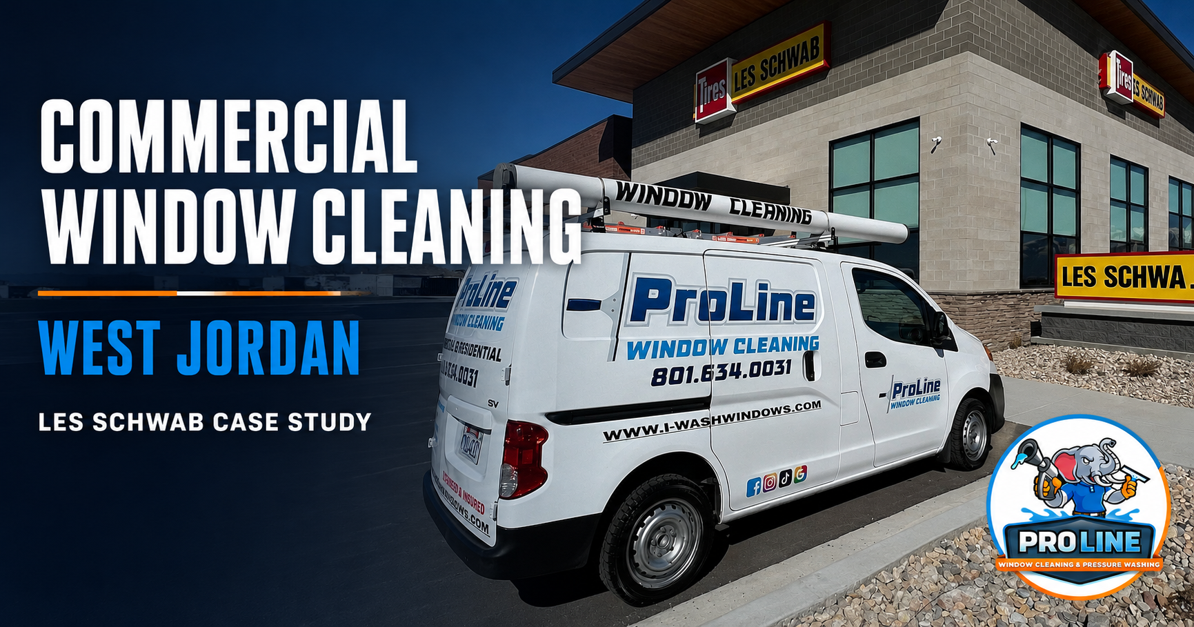 Commercial window cleaning van with ProLine logo outside a building in West Jordan.