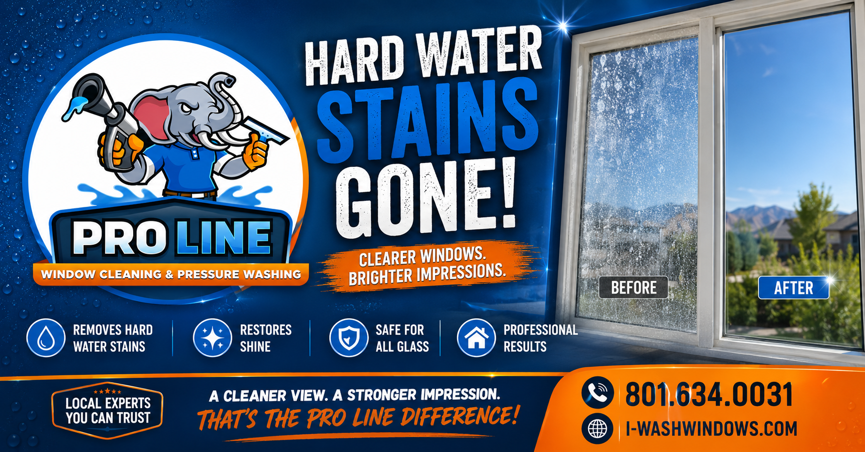 Pro Line hard water stain removal ad with blue-and-orange design and before/after window cleaning image