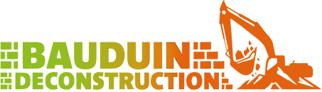 Logo pour Bauduim Deconstruction représentant une pelleteuse orange et un texte vert-jaune.