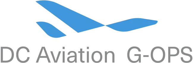 Logo abstrait bleu au-dessus du texte « DC Aviation G-OPS ».