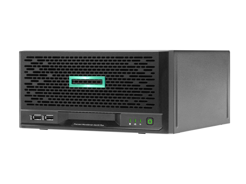 Serveur HP noir avec bouton d'alimentation et voyants verts, et ports USB.