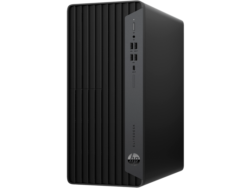 Tour d'ordinateur de bureau HP noire avec des lignes verticales sur le panneau avant et un panneau latéral