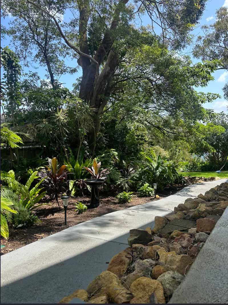 A Walkway Surrounded By Trees And Rocks In A Garden — Gibbo’s Lawns & Property Maintenance In Salamander Bay, NSW