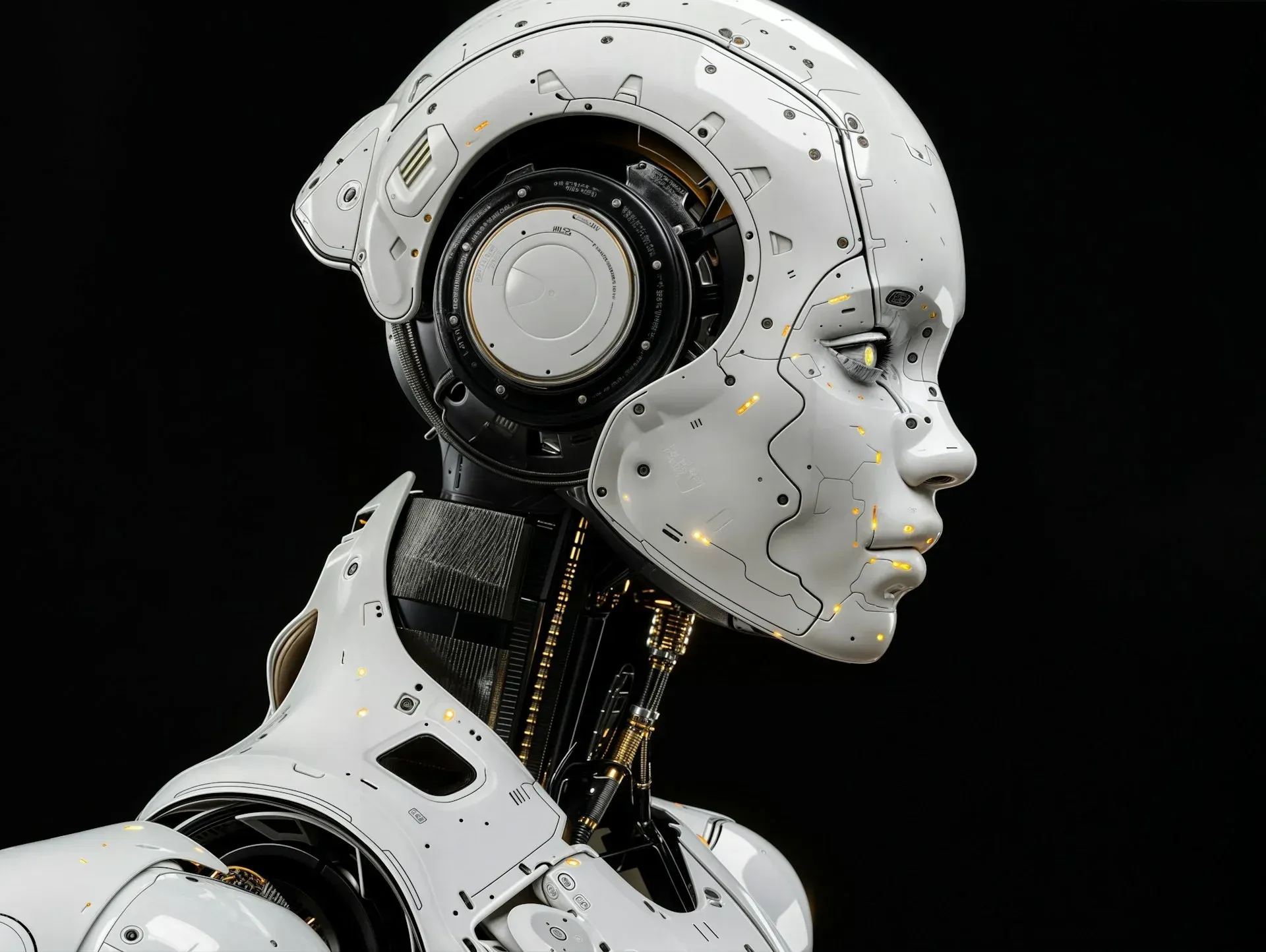 A close up of a robot 's head on a black background.