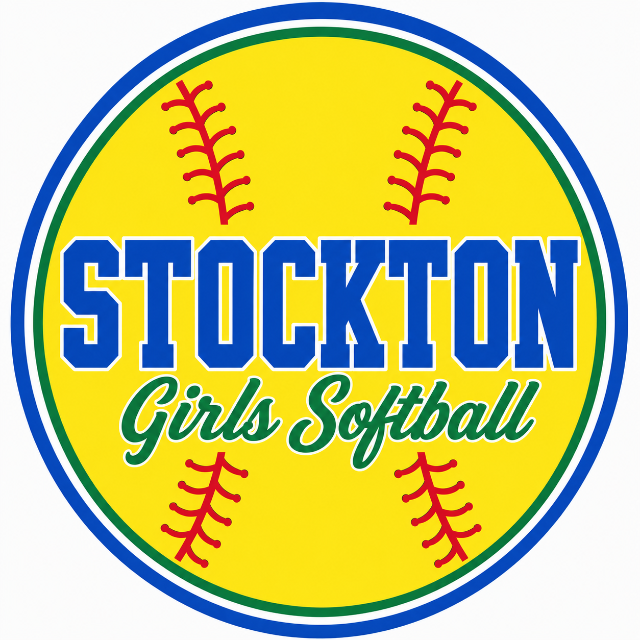 Stockton Girls Softball logo with blue and yellow circular design and red softball stitching