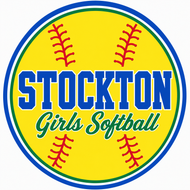 Stockton Girls Softball logo with blue and yellow circular design and red softball stitching