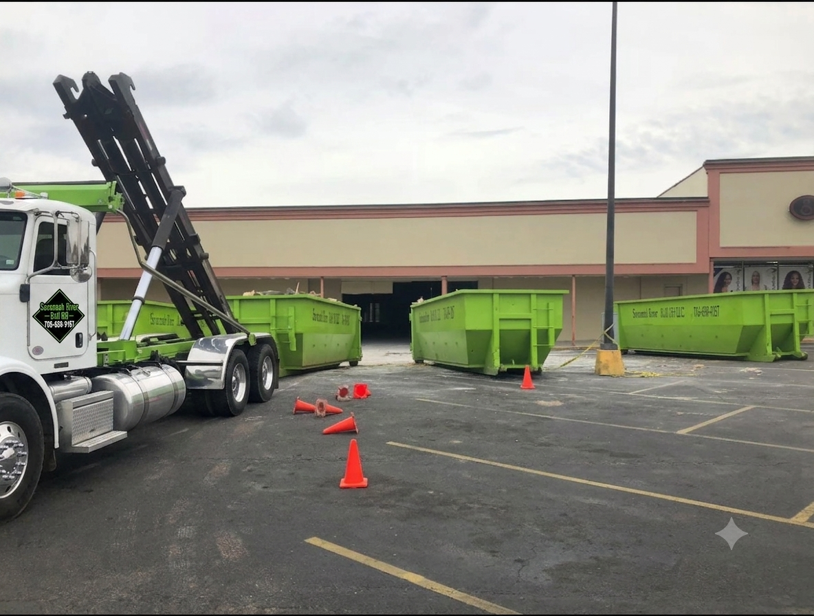 A dumpster truck is parked in a parking lot in front of a building.