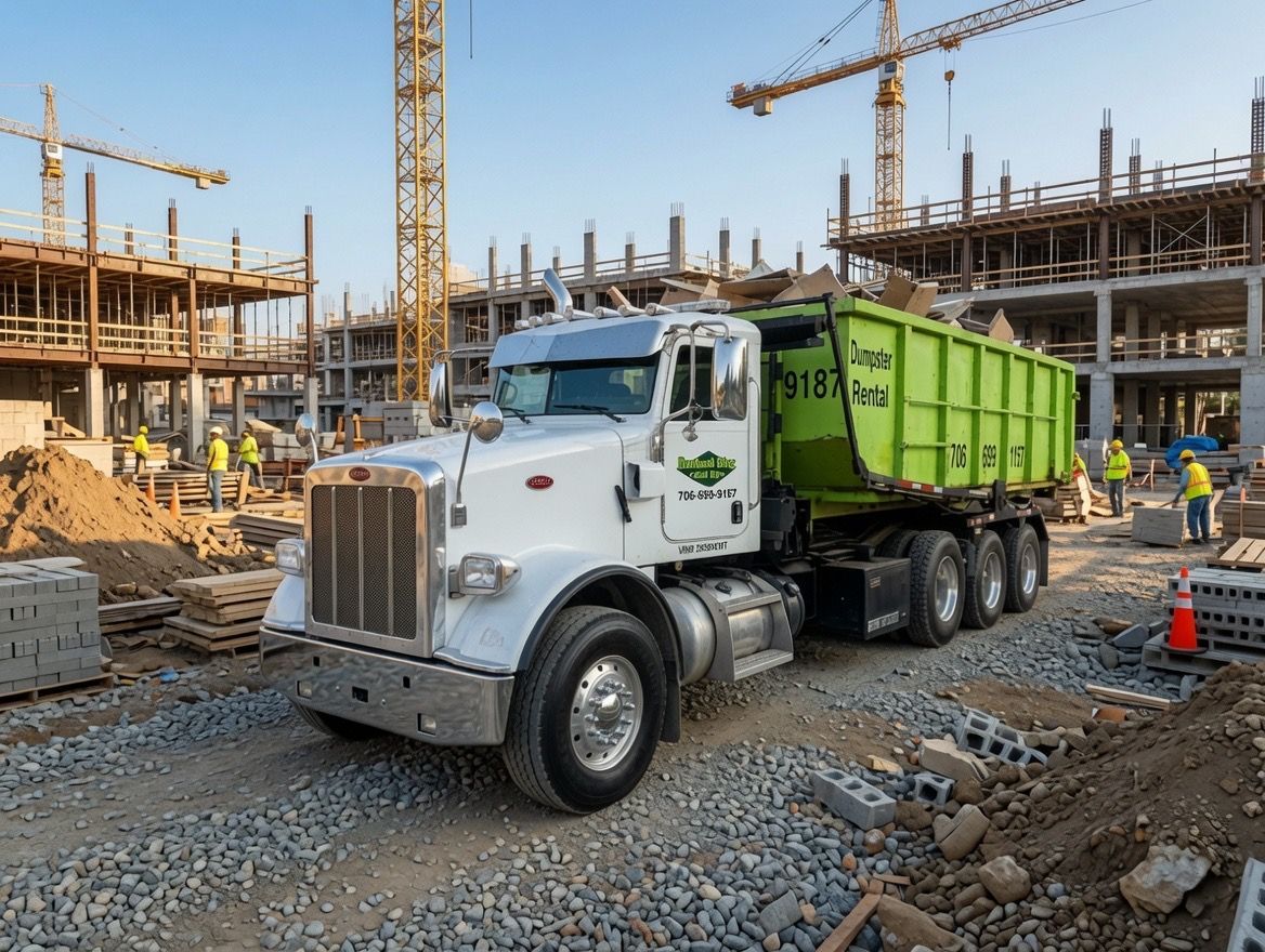 A dump truck is parked in front of a house.