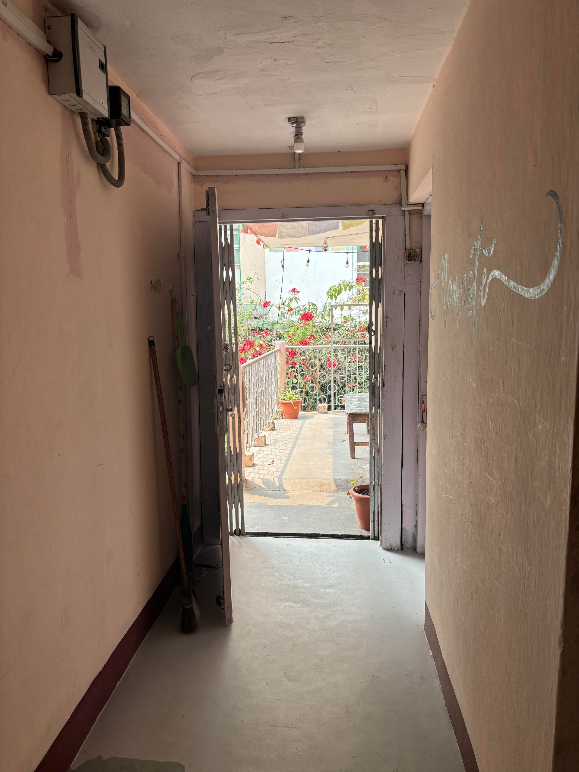 Narrow hallway with open door leading to a balcony with red flowers; pink walls.