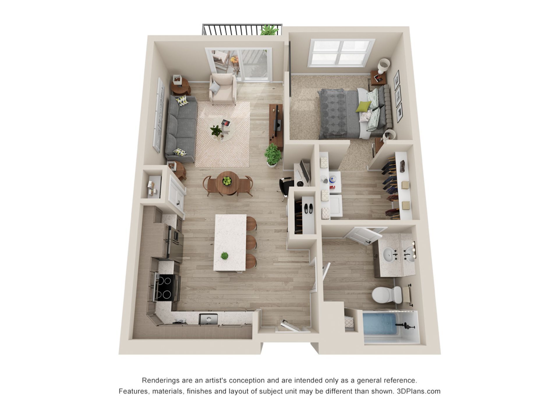A 3d floor plan of a house with a living room , bedroom , kitchen and bathroom.