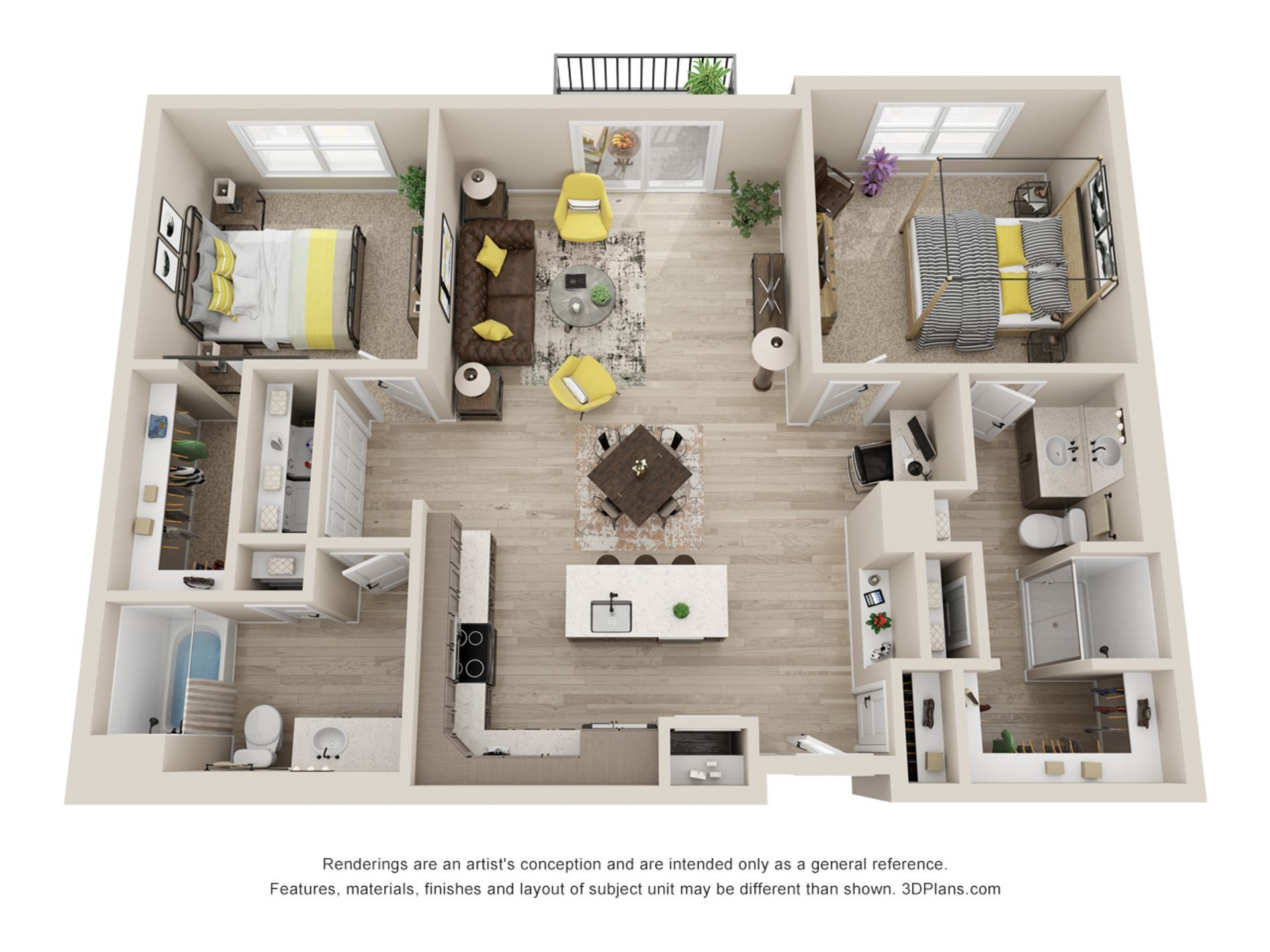 A 3d floor plan of a house with three bedrooms and a kitchen.