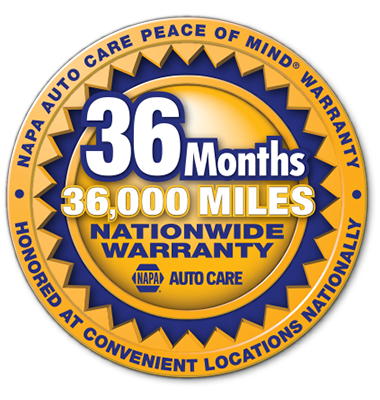 NAPA Auto Care warranty badge: 36 months/36,000 miles, nationwide. Blue, yellow, and white colors.
