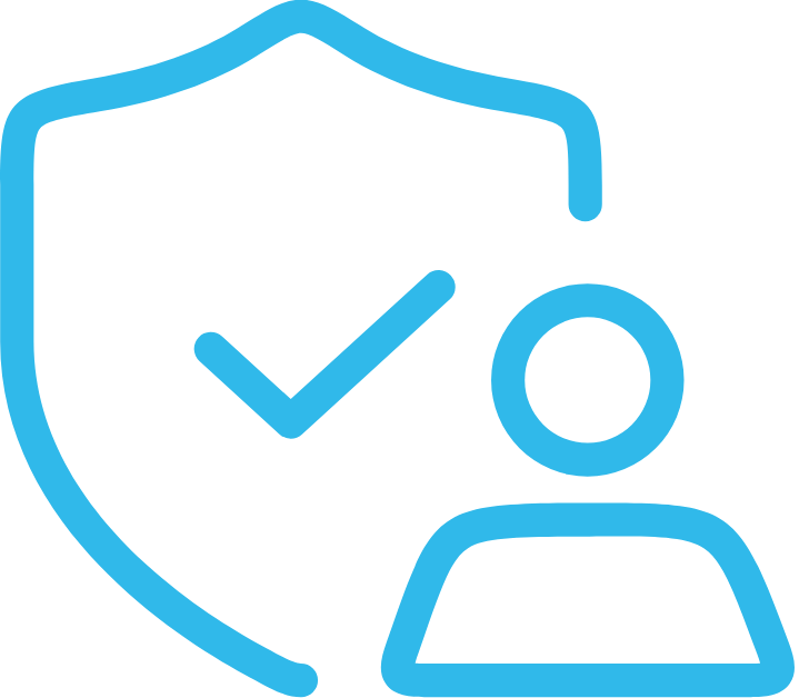 Blue shield over a person, with a checkmark, symbolizing security and protection.