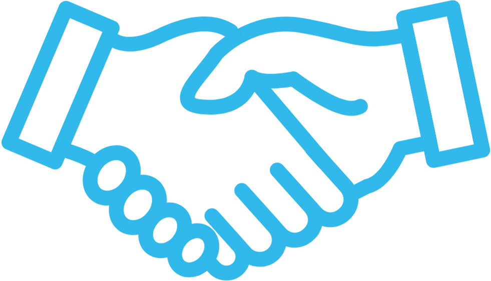 Two outlined hands shaking, blue.