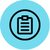 Clipboard icon inside a black circle on a light blue background.