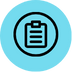 A black outlined clipboard with lines inside a black circle on a blue circle.