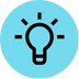 Lightbulb icon, radiating lines, in a blue circle.