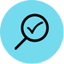 Magnifying glass with checkmark inside, in a blue circle.
