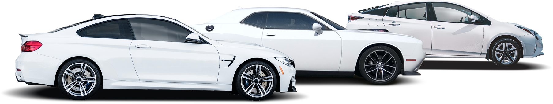 Three white sports cars parked in a row, viewed from the side profile against a white background.