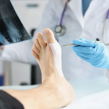 A medical professional wearing blue gloves examines a patient's bandaged foot while holding a pen near an X-ray.