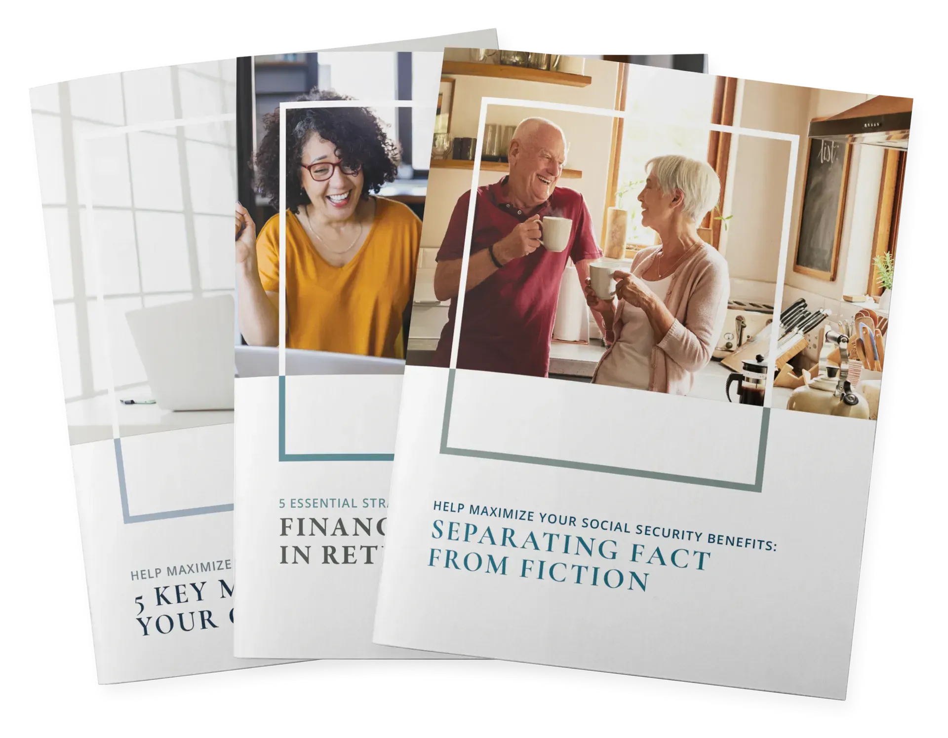 Four brochure covers about retirement, featuring people in their 50s-60s.