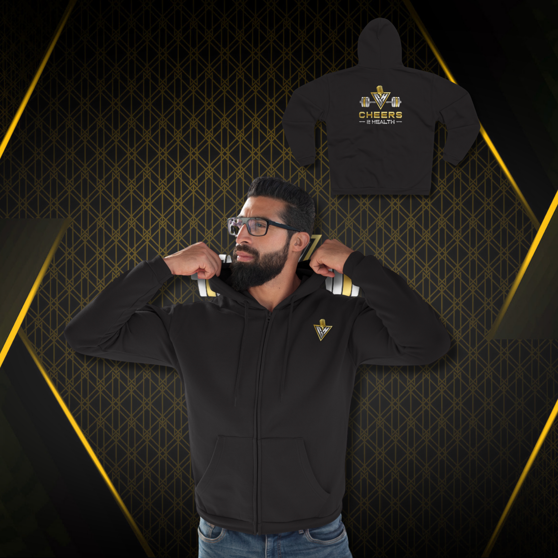 Man in black hoodie posing with fists near collar, on black-and-gold patterned backdrop with hoodie product display above