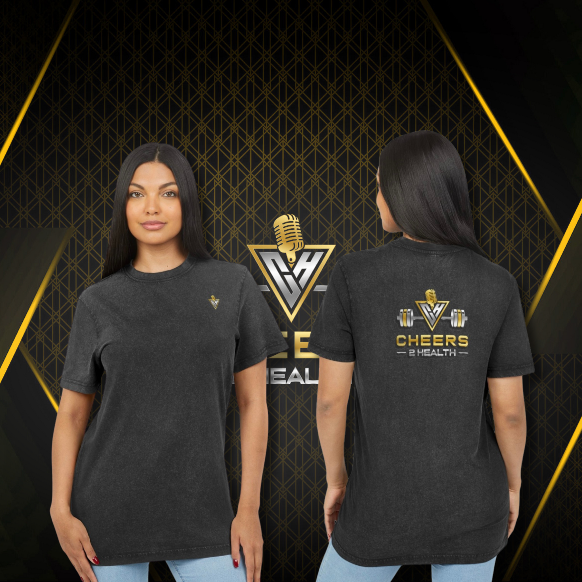 Black graphic T-shirt shown front and back on a model against a dark gold patterned background.