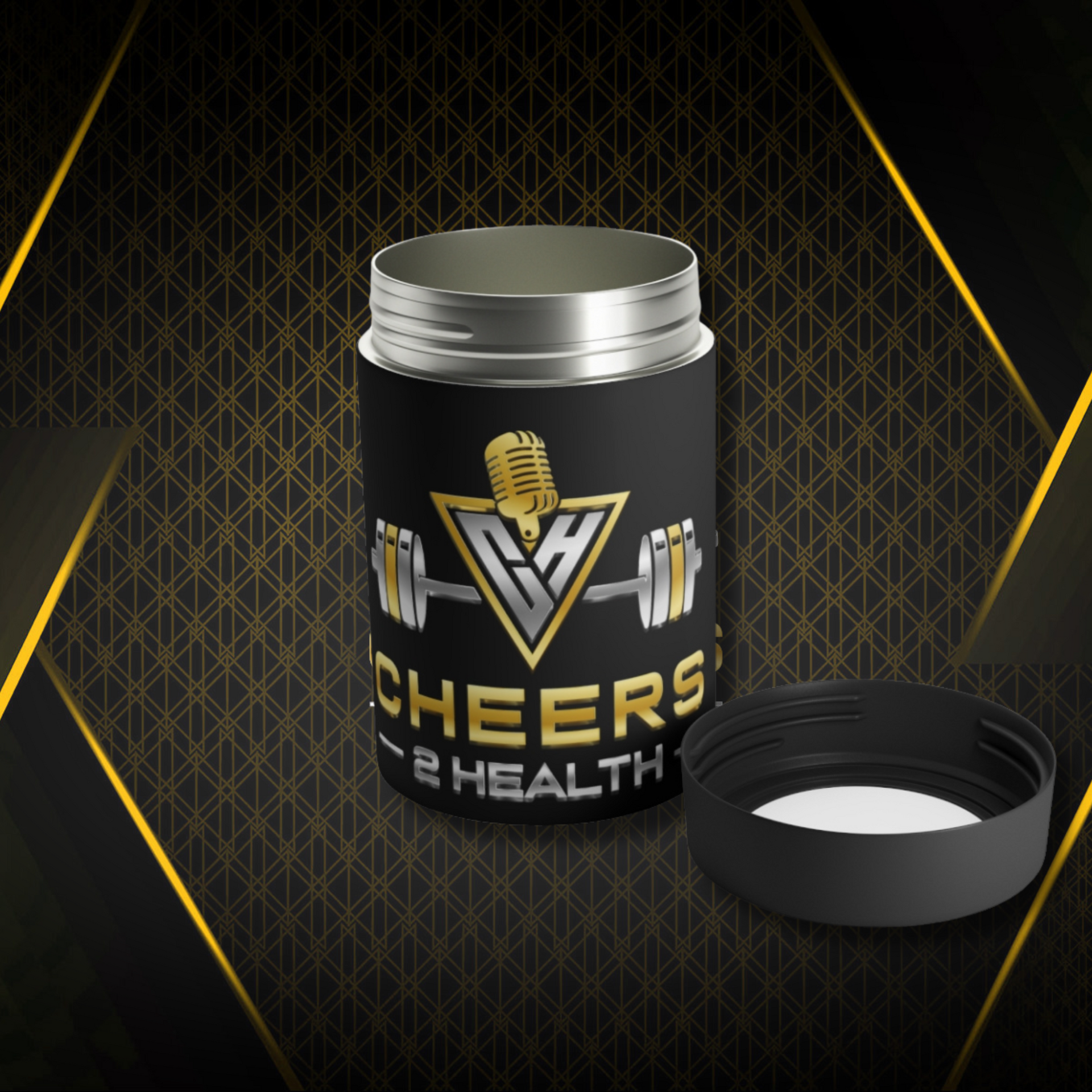 Black supplement jar with “CHEERS 2 HEALTH” label and silver lid on a dark geometric background