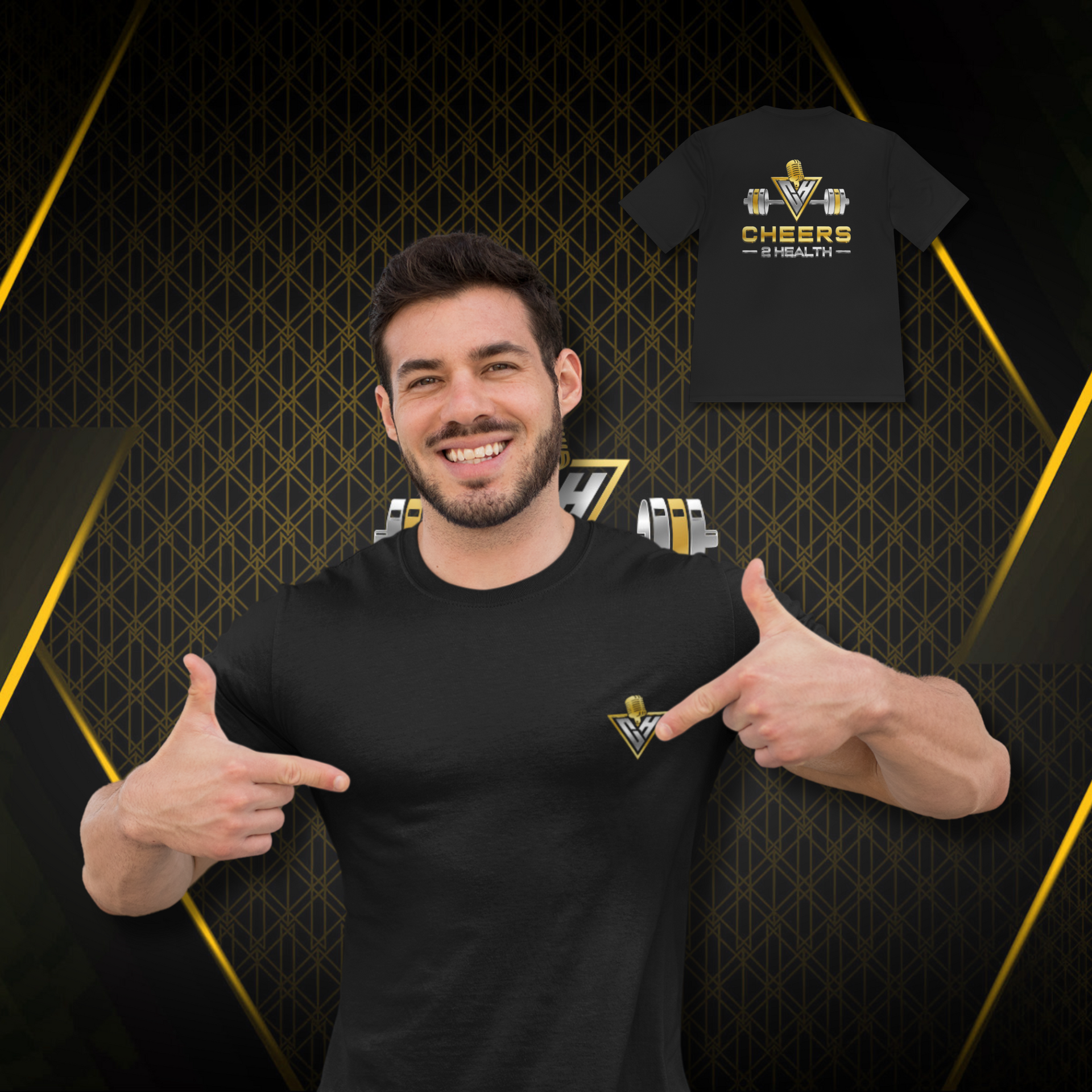 Smiling man in black T-shirt pointing at gold logo, with matching shirt shown above on dark patterned background
