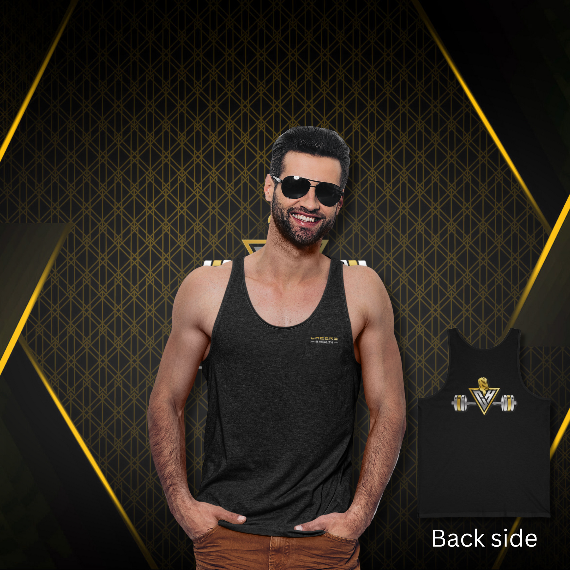 Man wearing sunglasses and black tank top posing against a geometric gold-and-black background, back side