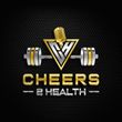 Gold and silver “Cheers 2 Health” logo with microphone and barbell on a black honeycomb background