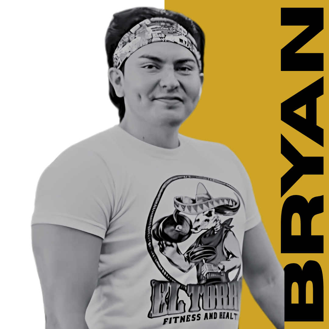 Grayscale portrait of a man in a headband and graphic T-shirt, with vertical text reading “BRYAN”
