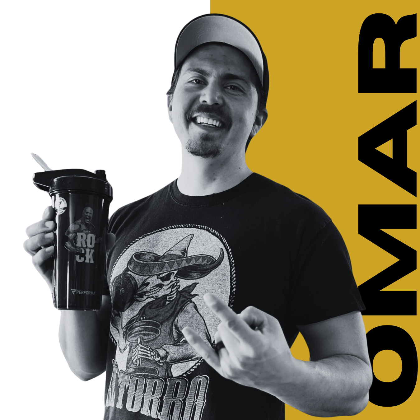 Smiling man in black shirt and cap holding a shaker bottle on a yellow background with bold black text.