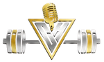 Gold microphone over silver-and-gold triangle logo with dumbbell barbell on a white background