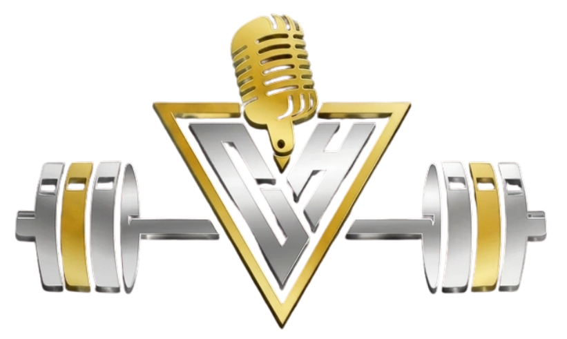 Gold microphone over silver-and-gold triangle logo with dumbbell barbell on a white background