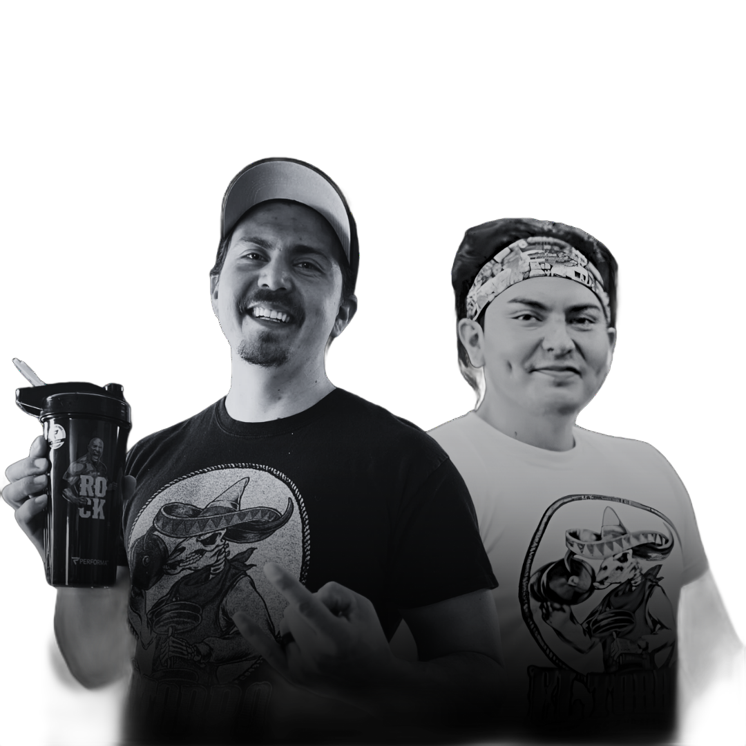 Two people in graphic T-shirts posing with smiles, one holding a drink tumbler against a white background