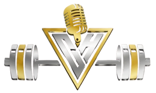 Gold microphone over silver-and-gold triangle logo with dumbbell barbell on a white background