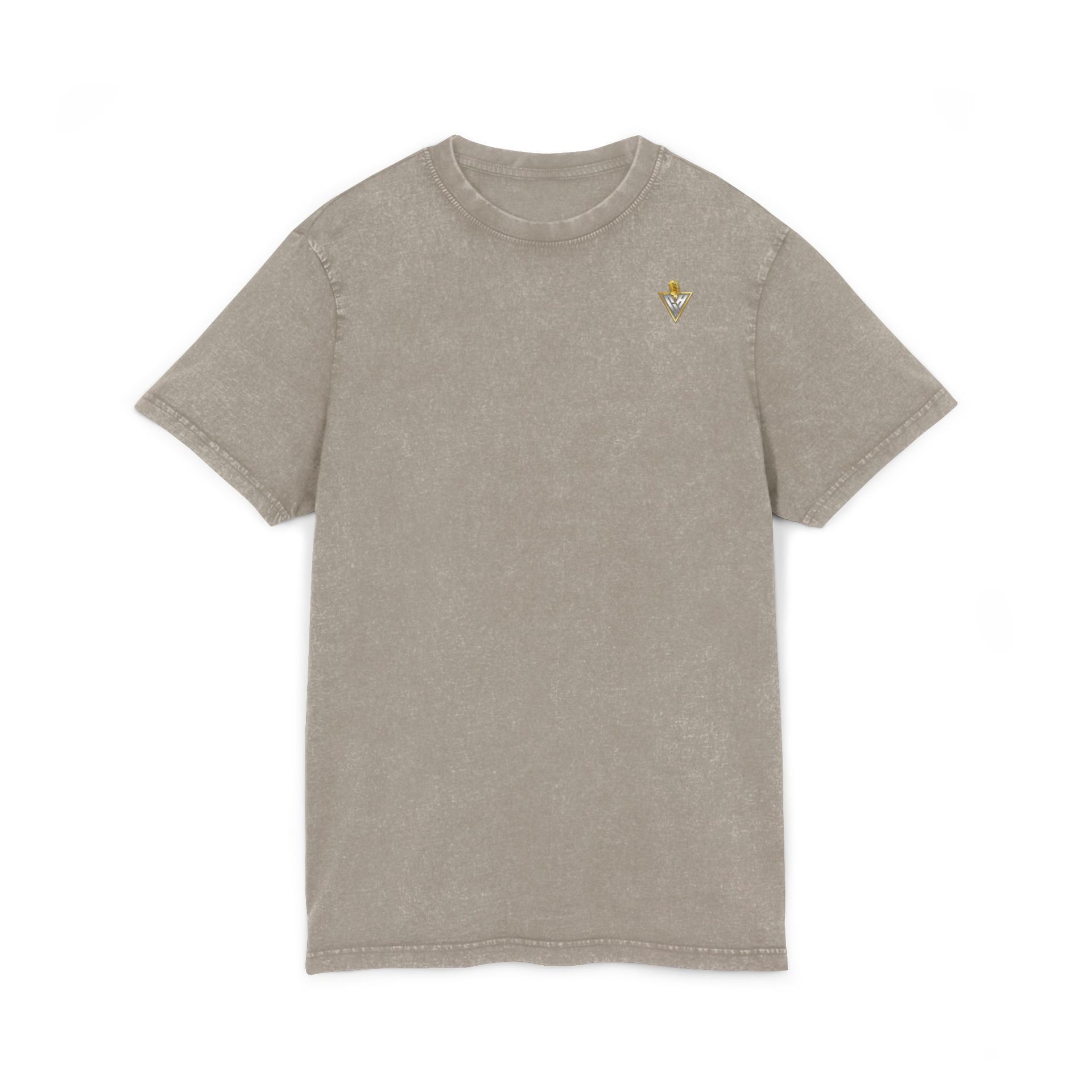 Black graphic T-shirt shown front and back on a model against a dark gold patterned background.