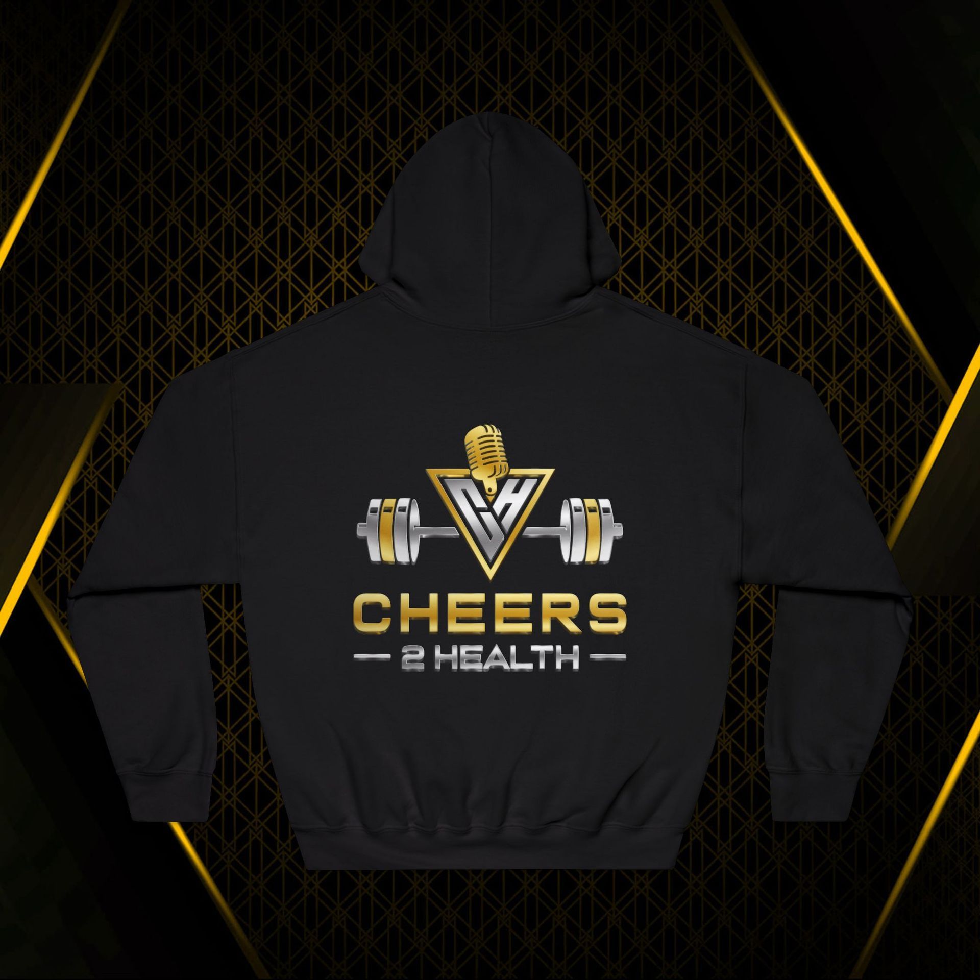Black hooded sweatshirt with gold emblem, centered on a dark geometric background with gold accents