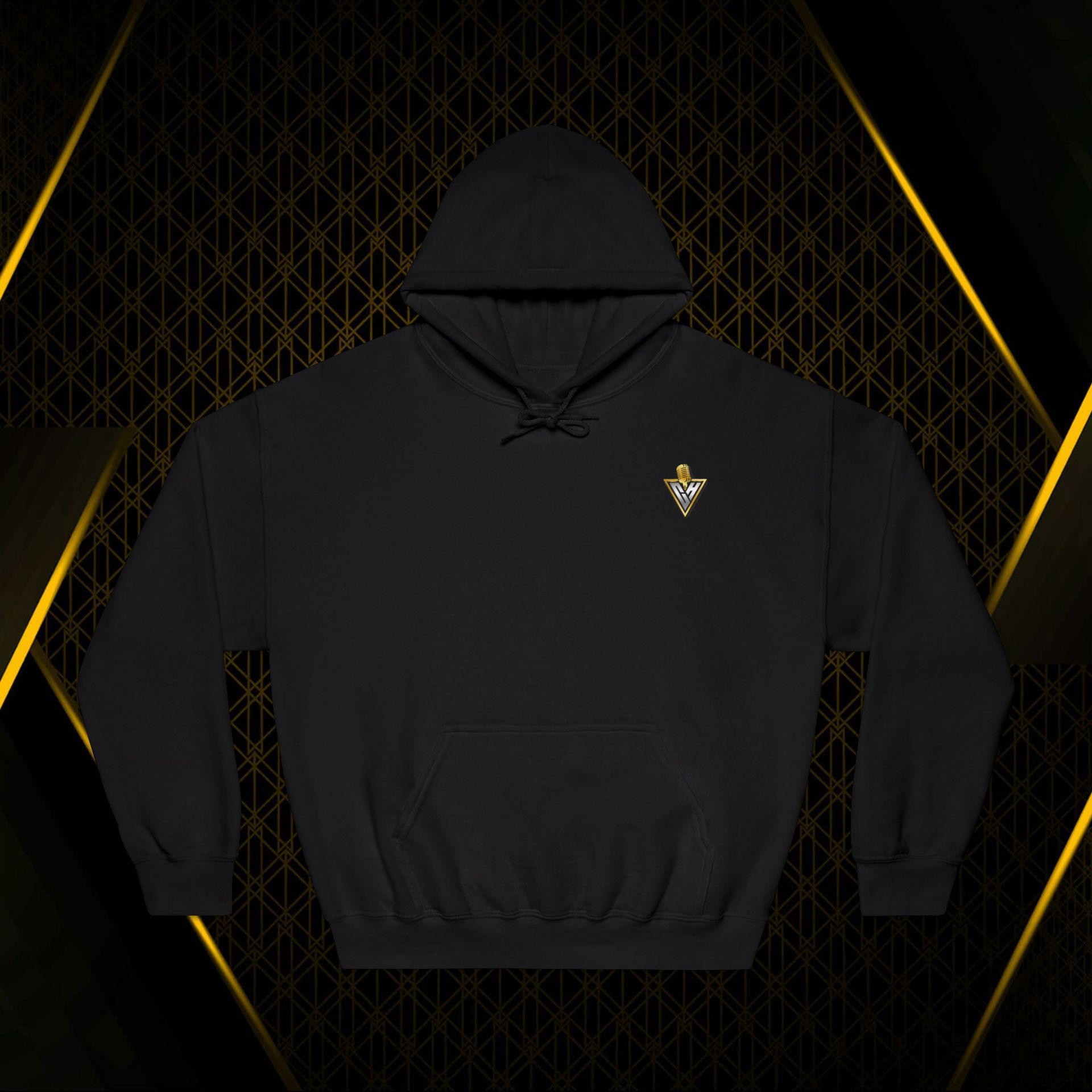 Black hooded sweatshirt with gold emblem, centered on a dark geometric background with gold accents
