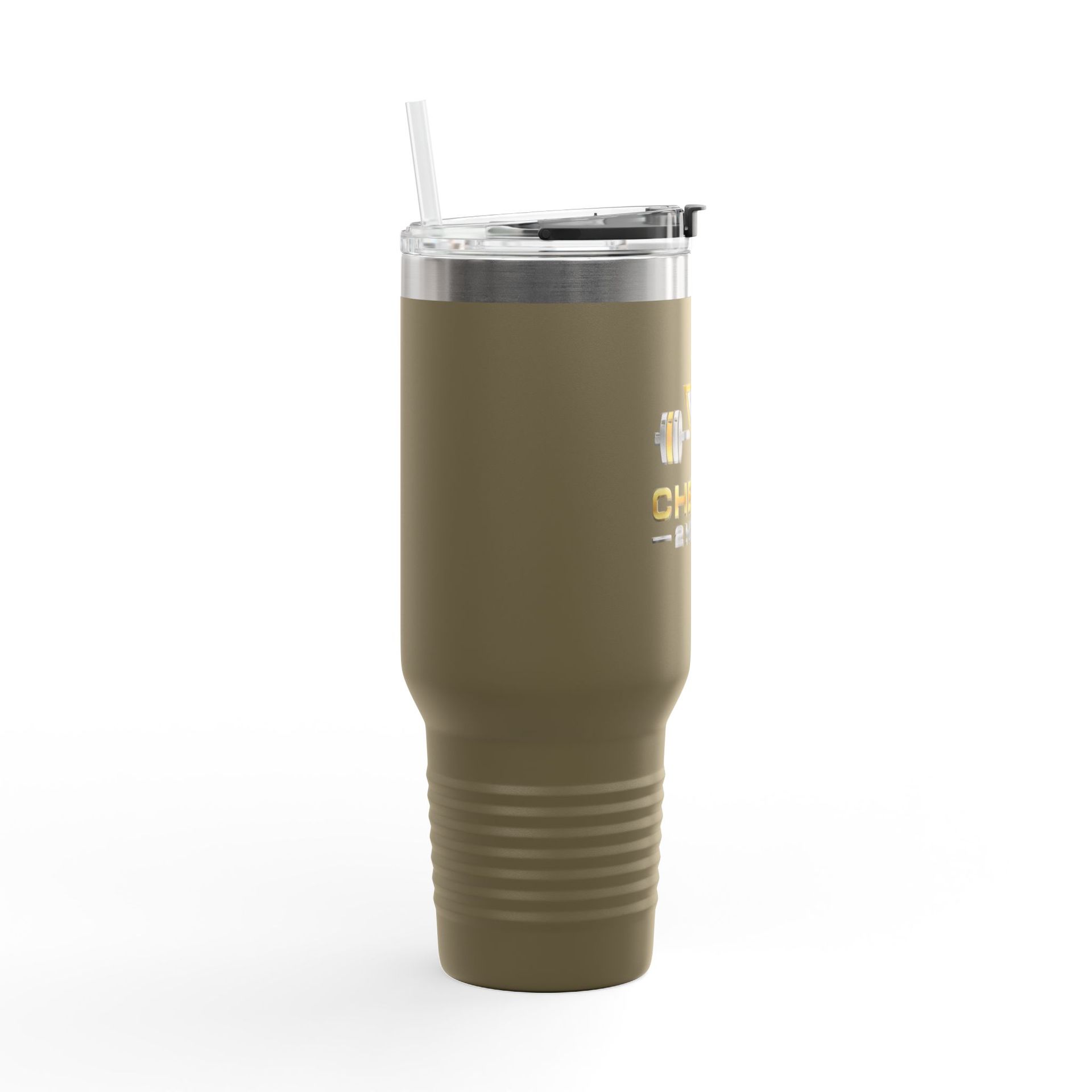 Olive green insulated tumbler with handle and straw, labeled “CHEERS” on a white background