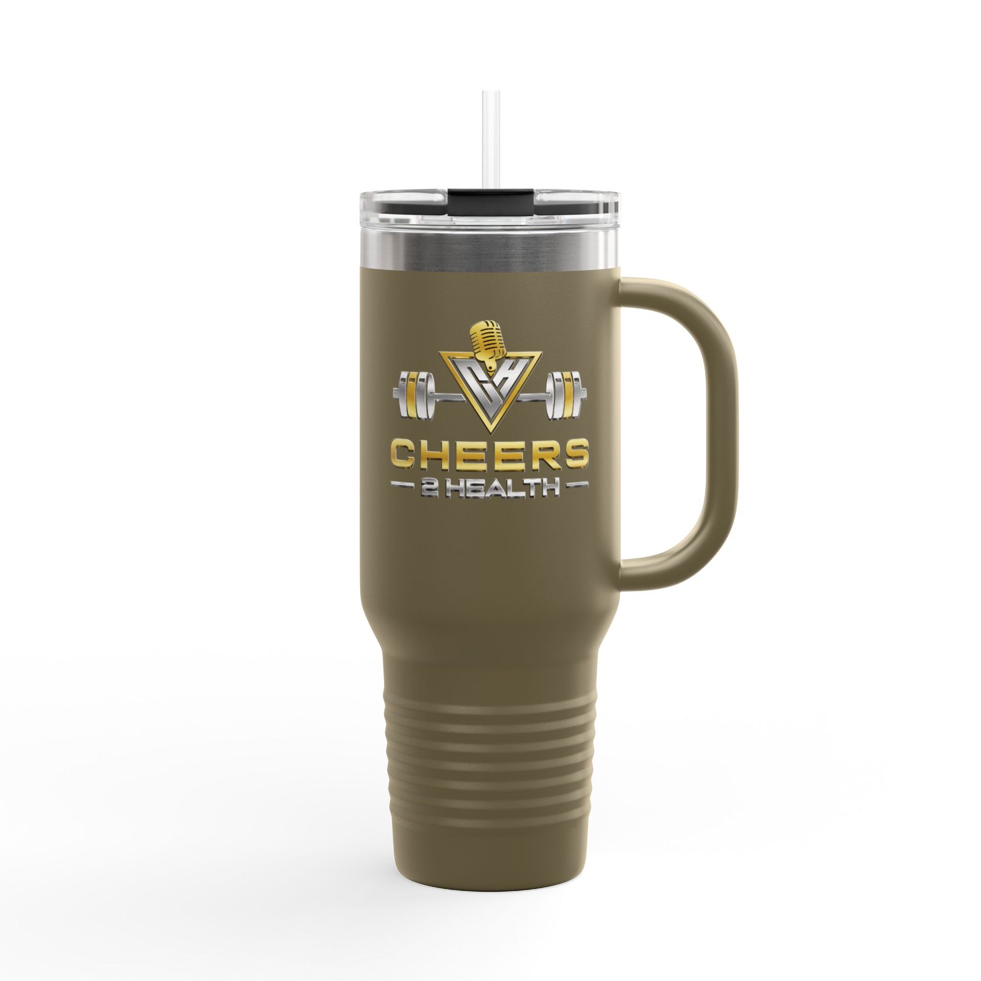 Olive green insulated tumbler with handle and straw, labeled “CHEERS” on a white background