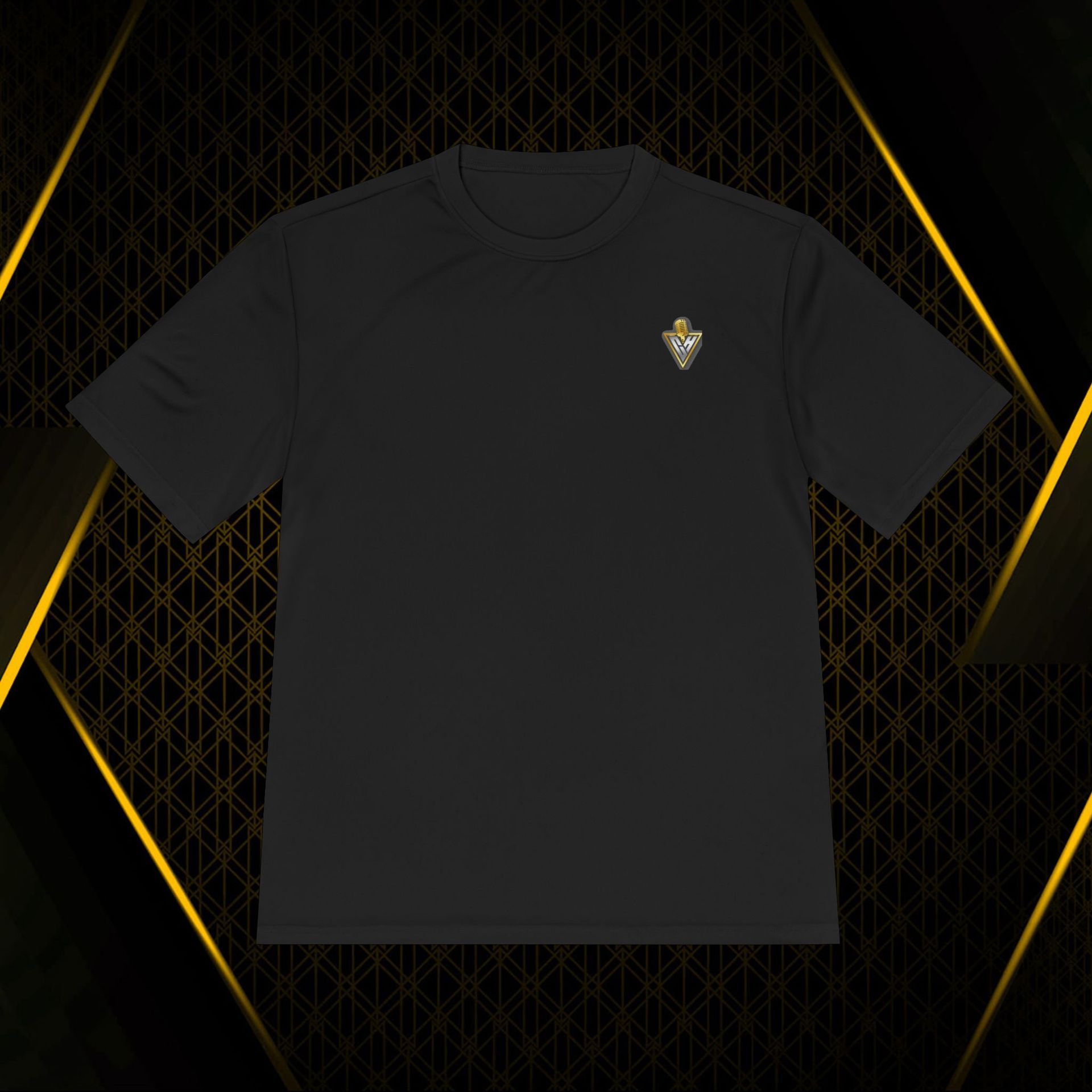 Smiling man in black T-shirt pointing at gold logo, with matching shirt shown above on dark patterned background